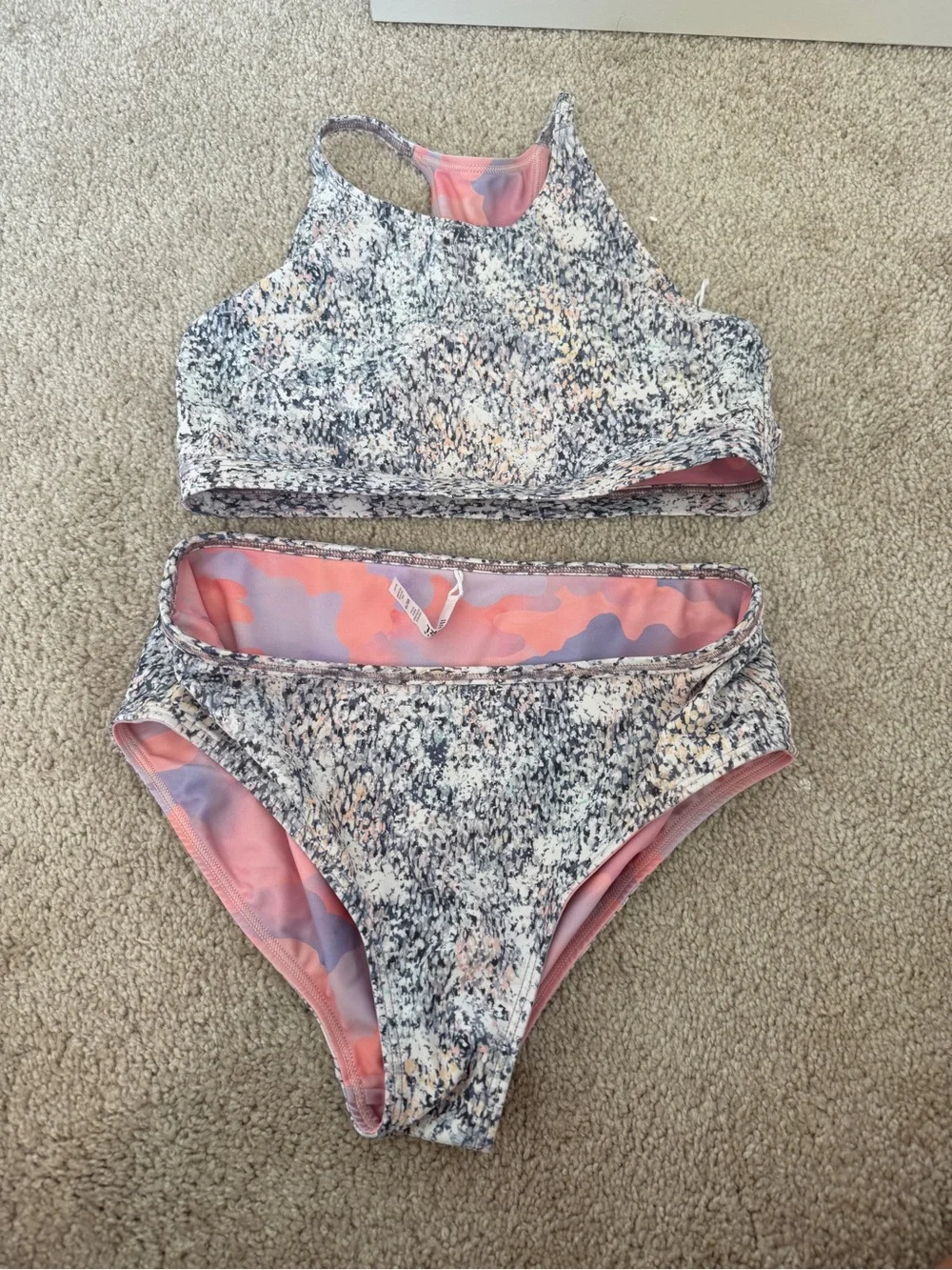 High-Neck Printed Bikini Set in Pink and Gray